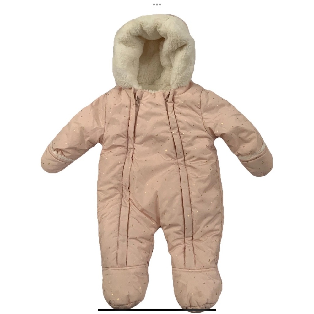 Vertbaudet Pink Hooded Pram Snowsuit 3 Months Lined Faux Fur Moon & Stars New